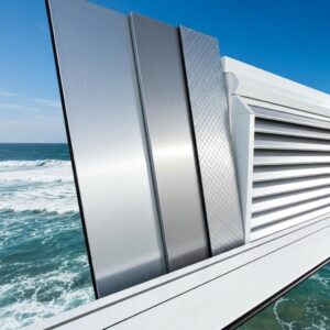 Marine-grade aluminum panels and 316 stainless steel fasteners displayed for accordion shutters