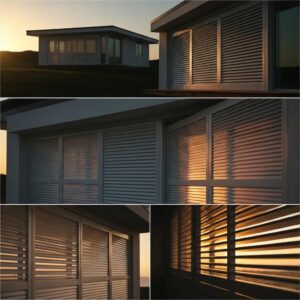 Diverse hurricane shutter designs in a coastal setting, emphasizing protection and aesthetics