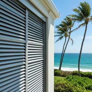 Durable hurricane shutter on a coastal home highlighting design and material strength