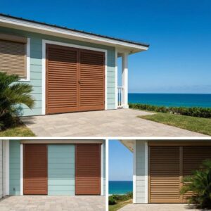Durable hurricane shutters on a coastal home, showcasing various styles for storm protection