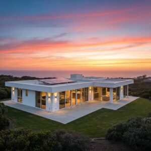 Elegant accordion shutters on a coastal home, showcasing stylish storm protection and aesthetic integration