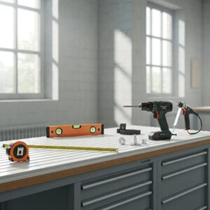 Essential tools for shutter installation, including tape measure, level, hammer drill, and sealant gun laid out on a workbench.