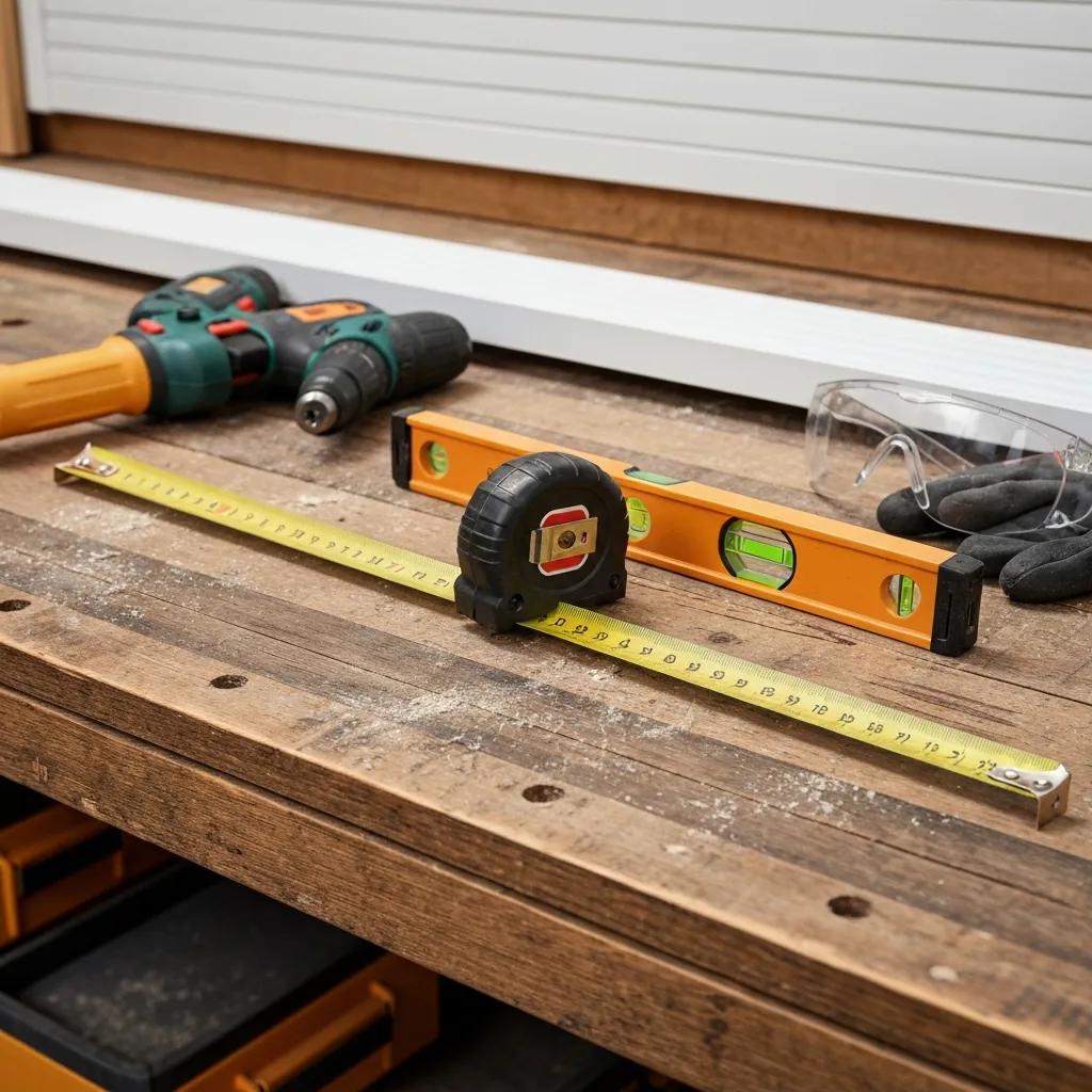 Tools and materials for accordion shutter installation organized on a workshop bench