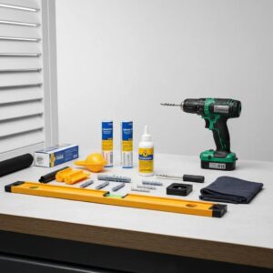 Drill, level, anchors and other tools used for accordion shutter installation