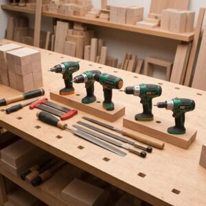 Essential tools and materials for accordion shutter installation on a workbench