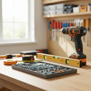 Essential tools and materials for accordion shutter installation on a workbench