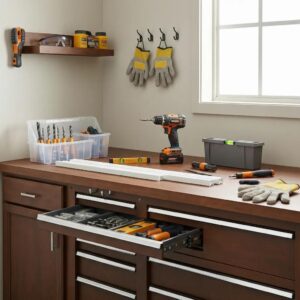 Workbench laid out with the essential tools and materials for installing accordion shutters