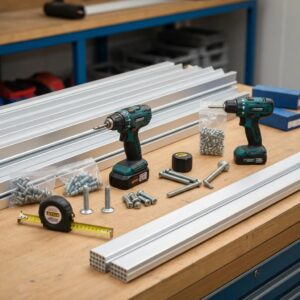Workbench with essential tools and parts for roll down shutter installation