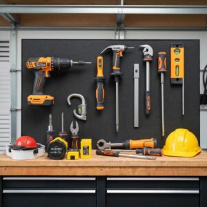 Tools neatly arranged for installing accordion shutters