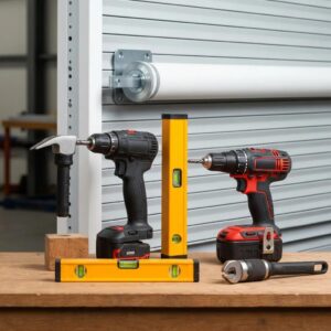 Essential tools for roll-down shutter installation arranged on a workbench