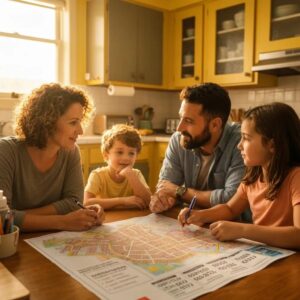 Family working together to create a hurricane evacuation plan