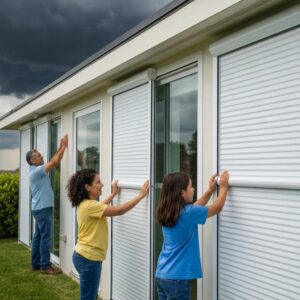 Family deploying accordion shutters for storm protection, illustrating ease of use