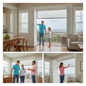 Family deploying accordion shutters, showcasing ease of use and storm preparedness