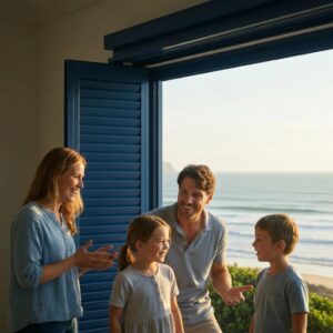 Family discussing accordion shutters installation in a coastal home, highlighting safety and comfort
