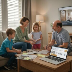 Family reviewing storm protection savings from accordion shutters in their living room