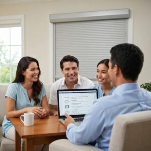Family discussing insurance discounts for hurricane shutters with an agent