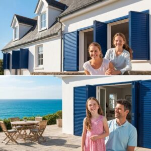 Family at a coastal home with accordion shutters retracted &mdash; protection and curb appeal