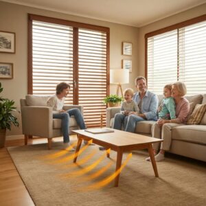 Family enjoying a quiet, comfortable home with accordion shutters closed