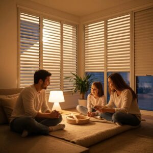Family enjoying a cozy indoor space with accordion shutters closed, highlighting security and comfort