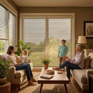 Family in living room with roll down shutters lowered, highlighting security and energy savings