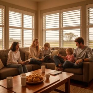 Family enjoying a cozy moment in a coastal home with accordion shutters, emphasizing safety and comfort