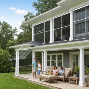 Family enjoying a porch protected by hurricane screens and storm panels, showing versatility and wind protection