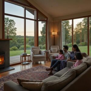 Family enjoying a quiet home interior with closed accordion shutters, illustrating energy and noise benefits