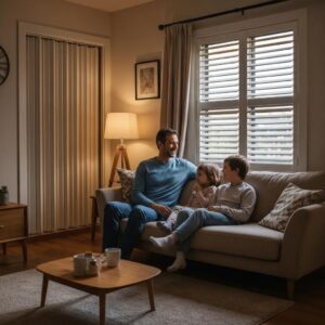 Family relaxing in a quieter living room with closed accordion shutters, showing homeowner satisfaction