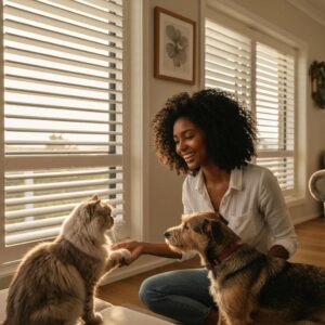 Family inside with roll‑down shutters deployed, highlighting safety and comfort