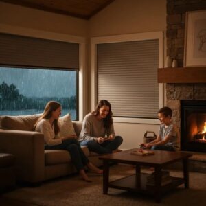 Family feeling safe indoors during a storm behind roll-down hurricane shutters
