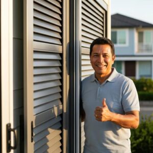 Smiling homeowner by deployed accordion shutters in a coastal neighborhood