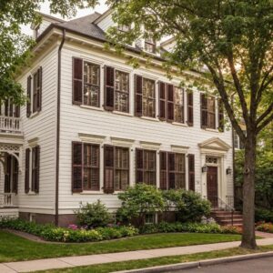 Historic home with Colonial shutters, showing decorative hardware and classic curb appeal