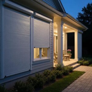 Home with closed roll-down hurricane shutters at twilight, emphasizing security and comfort