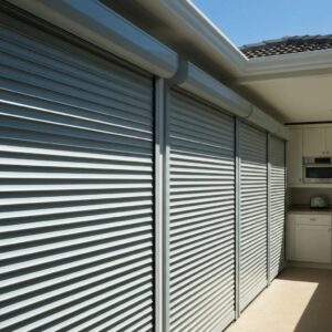 Home with closed roll‑down shutters showing reduced solar heat gain