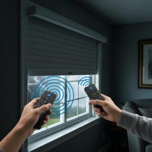 Homeowner using a motorized roll-down shutter during a power outage with manual override options visible