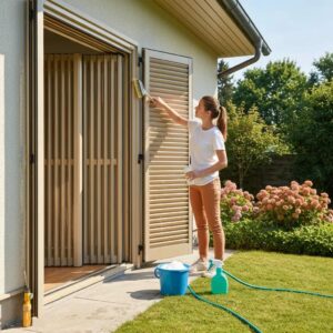 Owner cleaning accordion shutters with a soft brush and mild soap &mdash; routine coastal maintenance