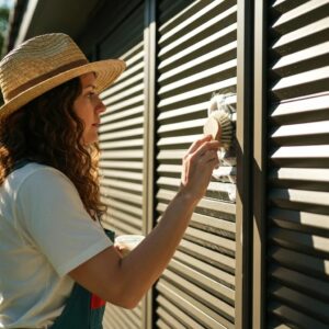 Homeowner cleaning accordion shutters with soap and brush
