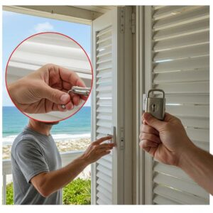 Homeowner deploying accordion hurricane shutters, highlighting security features and ease of use