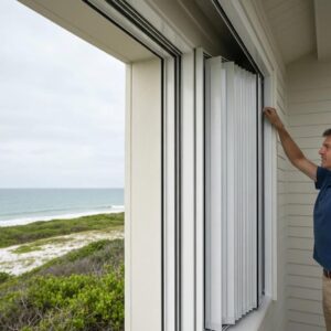 Homeowner closing accordion shutters to demonstrate ease of use and coastal storm protection