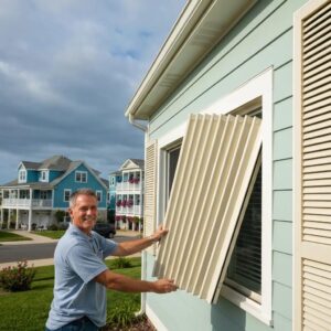 Homeowner lowering accordion shutters to protect windows before a storm