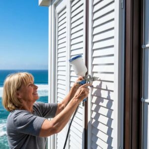 Owner sliding accordion shutters into place on a coastal house