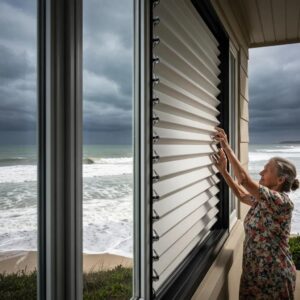 Homeowner closing accordion shutters on a window to show fast, no‑storage protection