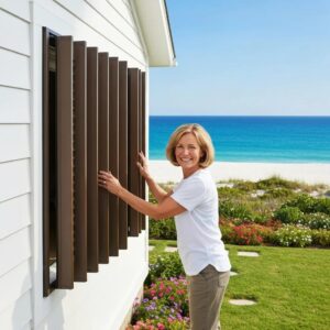 Homeowner deploying accordion shutters showcasing convenience and ease of use
