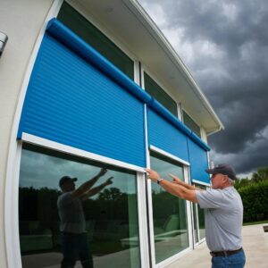 Homeowner lowering roll-down hurricane shutters to secure windows before a storm