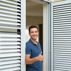 Satisfied homeowner demonstrating accordion shutters' smooth operation and durability