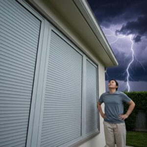 Homeowner showing satisfaction with accordion shutters, highlighting storm protection