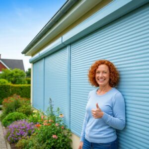 Satisfied homeowner with roll‑down shutters deployed for storm protection