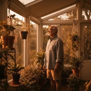 Homeowner inspecting accordion shutters for maintenance in a coastal setting