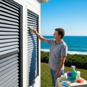 Homeowner inspecting accordion shutters for maintenance in a coastal setting