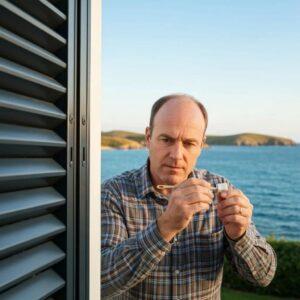 Owner inspecting accordion shutters for early signs of rust and mechanical wear